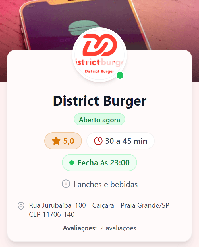 Tela do cardápio digital para delivery da OxyFood