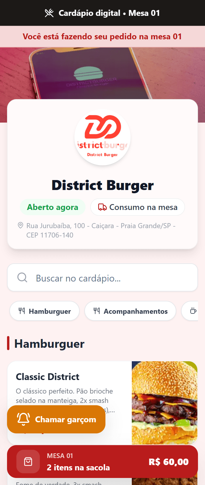 Tela de pedido em mesa com pagamento na OxyFood
